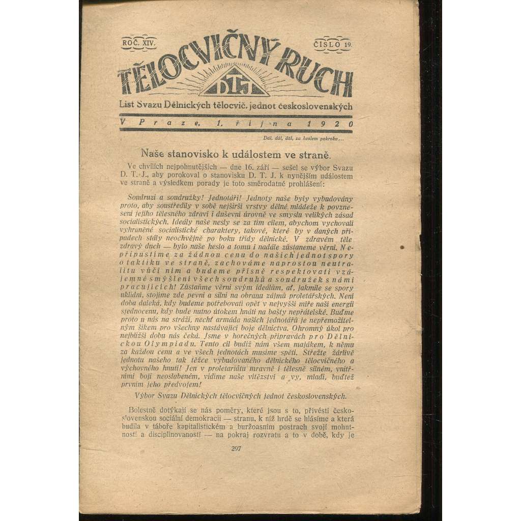 Tělocvičný ruch, Ročník XIV., číslo 19/1920. List svazu dělnických tělocvičných jednot československých (1. republika, staré noviny)