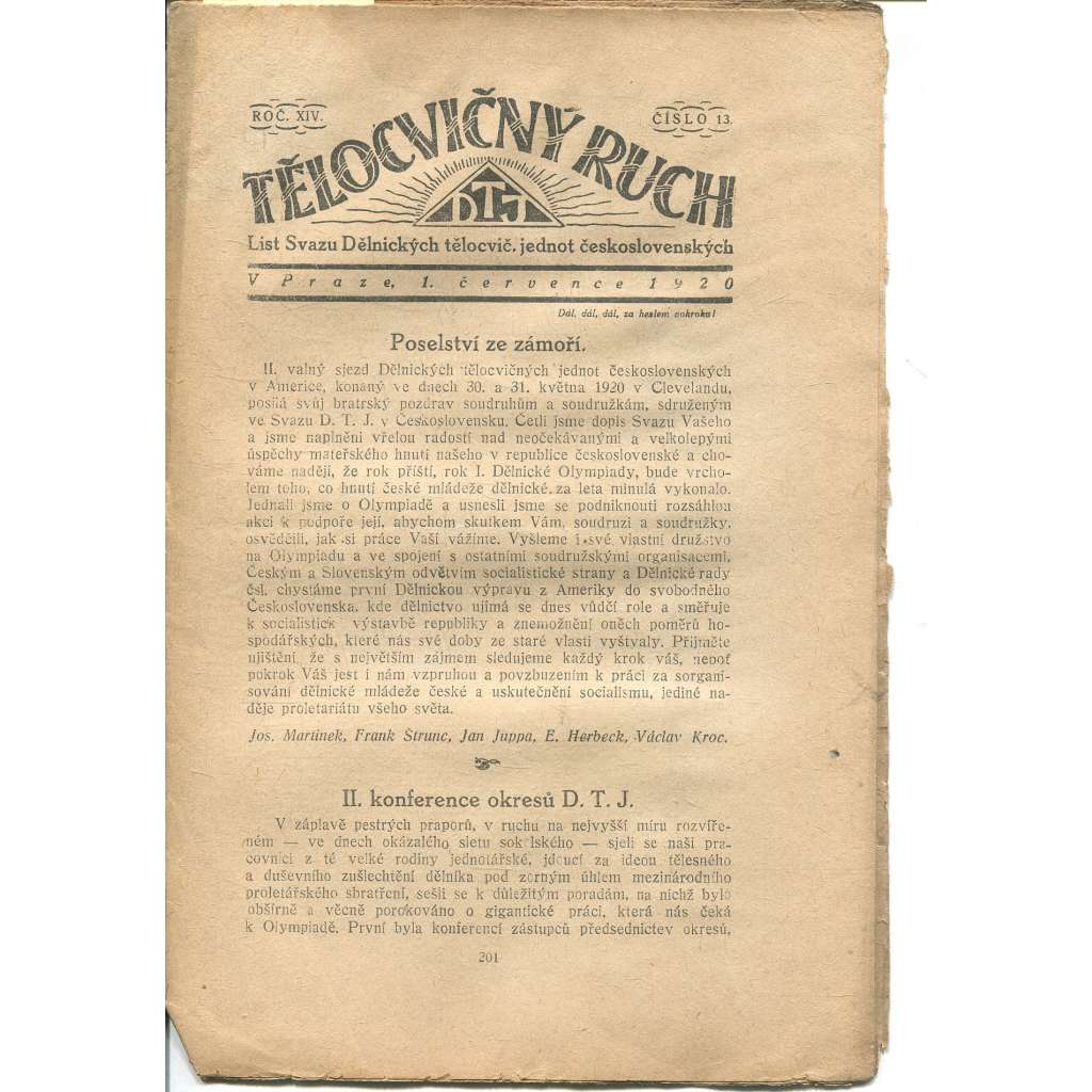 Tělocvičný ruch, Ročník XIV., číslo 13/1920. List svazu dělnických tělocvičných jednot československých (1. republika, staré noviny)