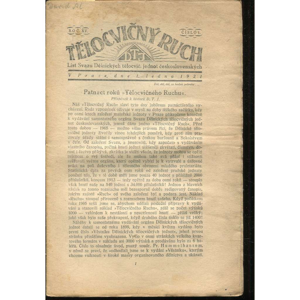 Tělocvičný ruch, Ročník XV., číslo 1/1921. List svazu dělnických tělocvičných jednot československých (1. republika, staré noviny)