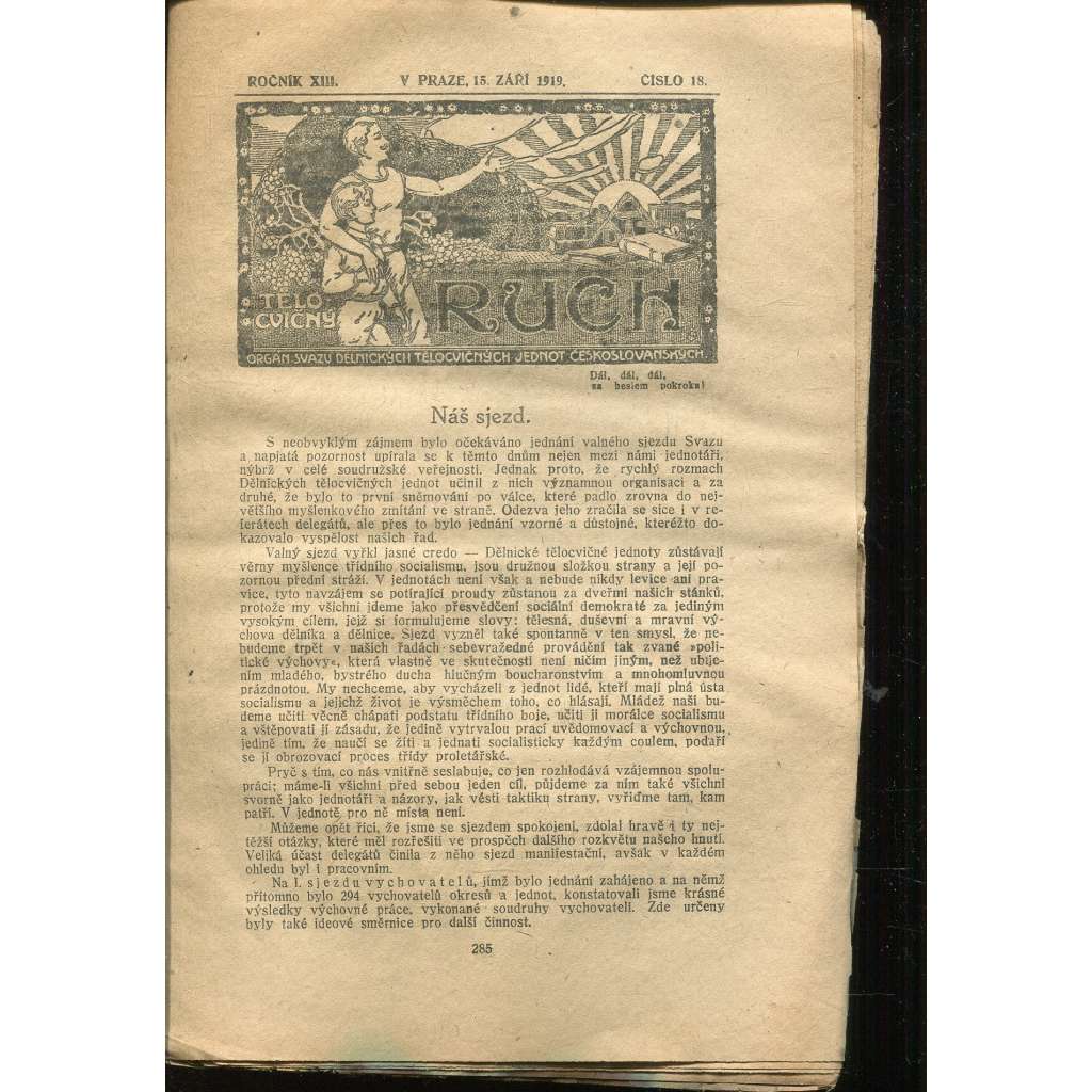 Tělocvičný ruch, Ročník XIII., číslo 18/1919. Orgán svazu dělnických tělocvičných jednot českoslovanských (1. republika, staré noviny)