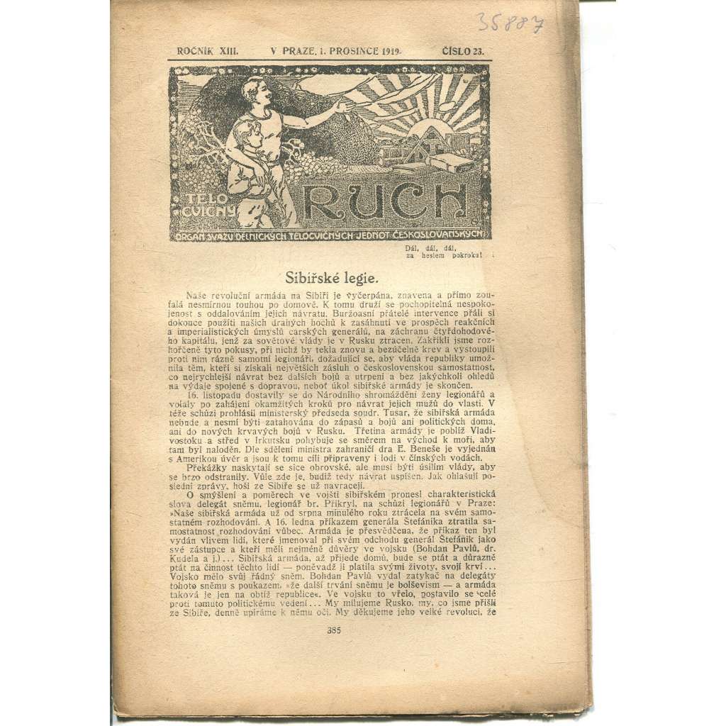 Tělocvičný ruch. Ročník XIII., číslo 23/1919. Orgán svazu dělnických tělocvičných jednot českoslovanských (1. republika, staré noviny)