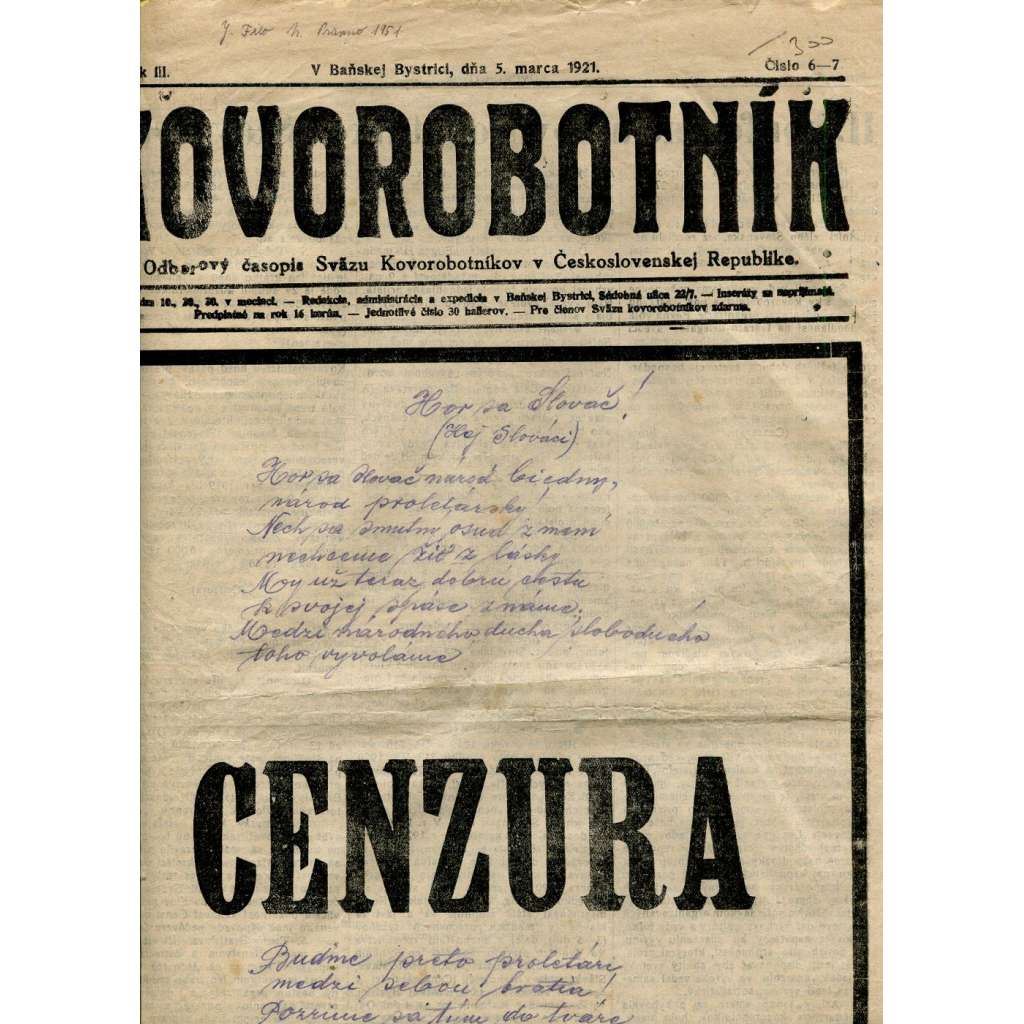 Kovorobotník, ročník III., číslo 6-7/1921 (1. republika, noviny, text slovensky) - Odborový časopis Sväzu kovorobotníkov v Československej Republike (odbory)