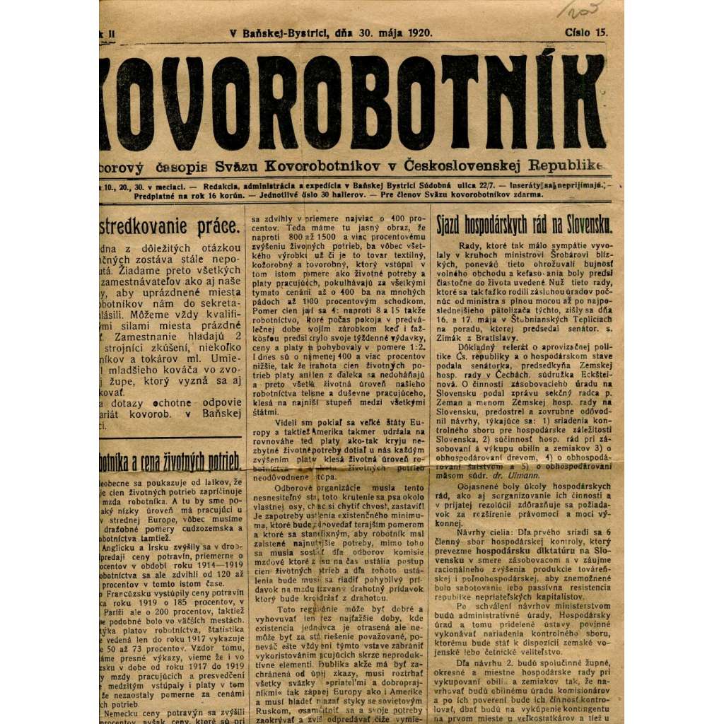 Kovorobotník, ročník II., číslo 15/1920 (1. republika, noviny, text slovensky) - Odborový časopis Sväzu kovorobotníkov v Československej Republike (odbory)