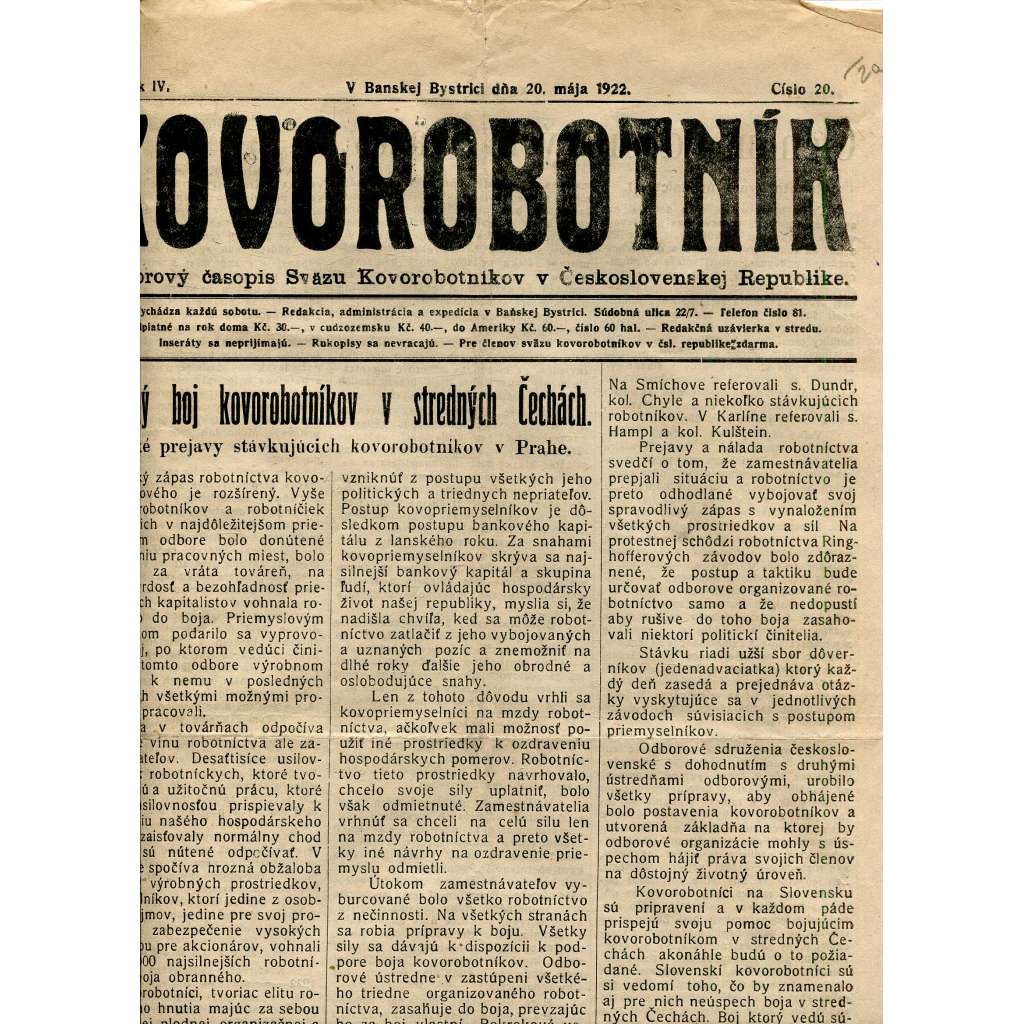 Kovorobotník, ročník IV., číslo 20/1922 (1. republika, noviny, text slovensky) - Odborový časopis Sväzu kovorobotníkov v Československej Republike (odbory)