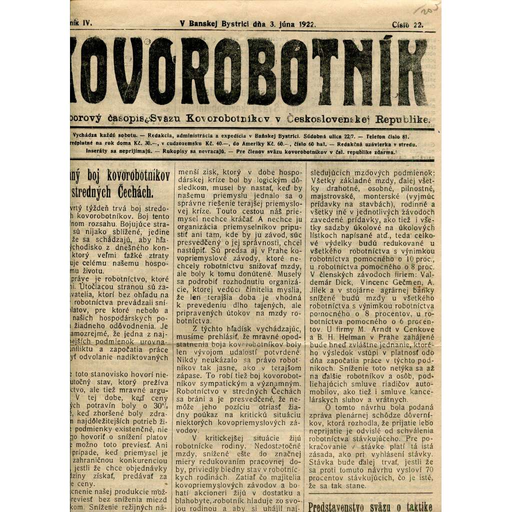 Kovorobotník, ročník IV., číslo 22/1922 (1. republika, noviny, text slovensky) - Odborový časopis Sväzu kovorobotníkov v Československej Republike (odbory)