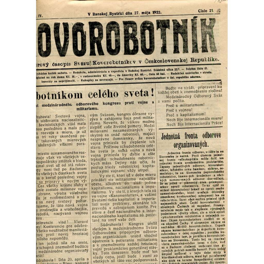 Kovorobotník, ročník IV., číslo 21/1922 (1. republika, noviny, text slovensky) - Odborový časopis Sväzu kovorobotníkov v Československej Republike (odbory)