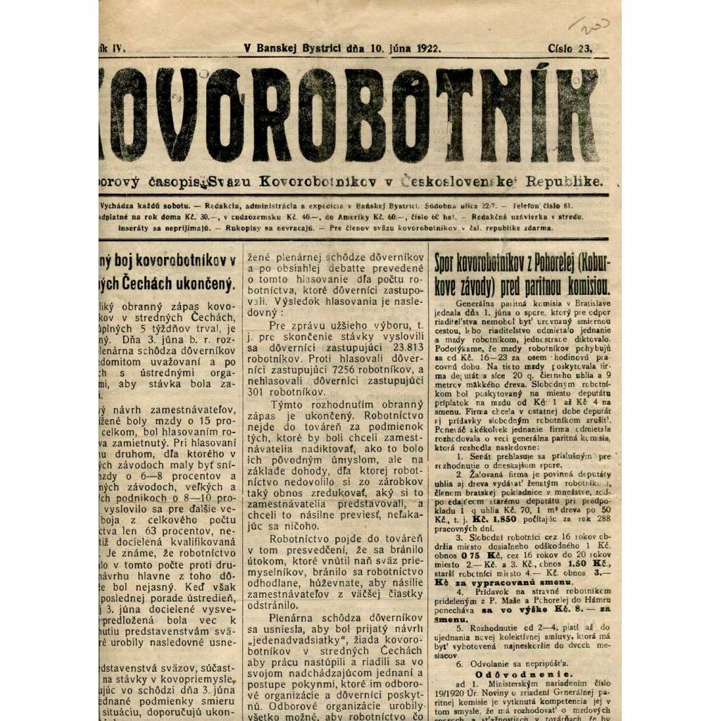 Kovorobotník, ročník IV., číslo 23/1922 (1. republika, noviny, text slovensky) - Odborový časopis Sväzu kovorobotníkov v Československej Republike (odbory)