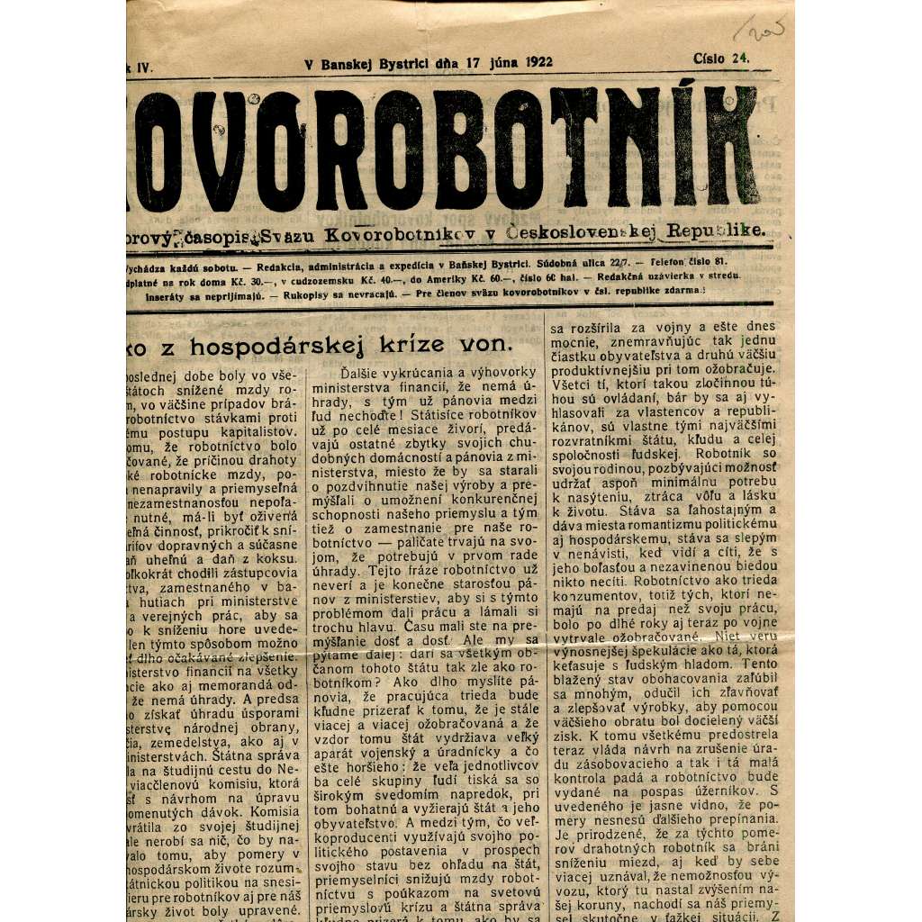 Kovorobotník, ročník IV., číslo 24/1922 (1. republika, noviny, text slovensky) - Odborový časopis Sväzu kovorobotníkov v Československej Republike (odbory)