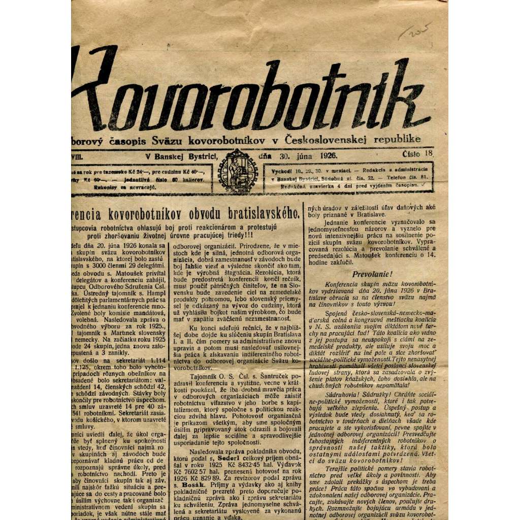 Kovorobotník, ročník VIII., číslo 18/1926 (1. republika, noviny, text slovensky) - Odborový časopis Sväzu kovorobotníkov v Československej Republike (odbory)