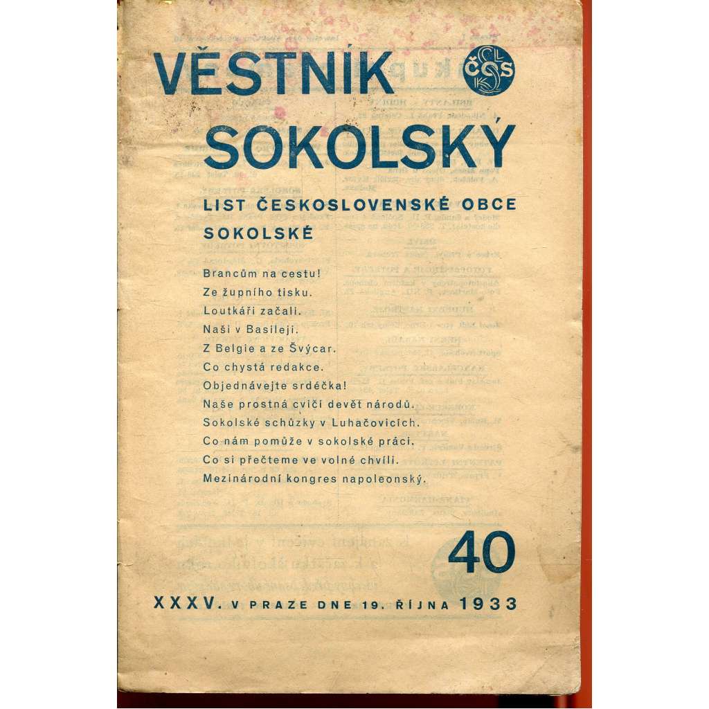 Věstník Sokolský. List československé obce sokolské, ročník XXXV, číslo 40/1933 (Sokol)