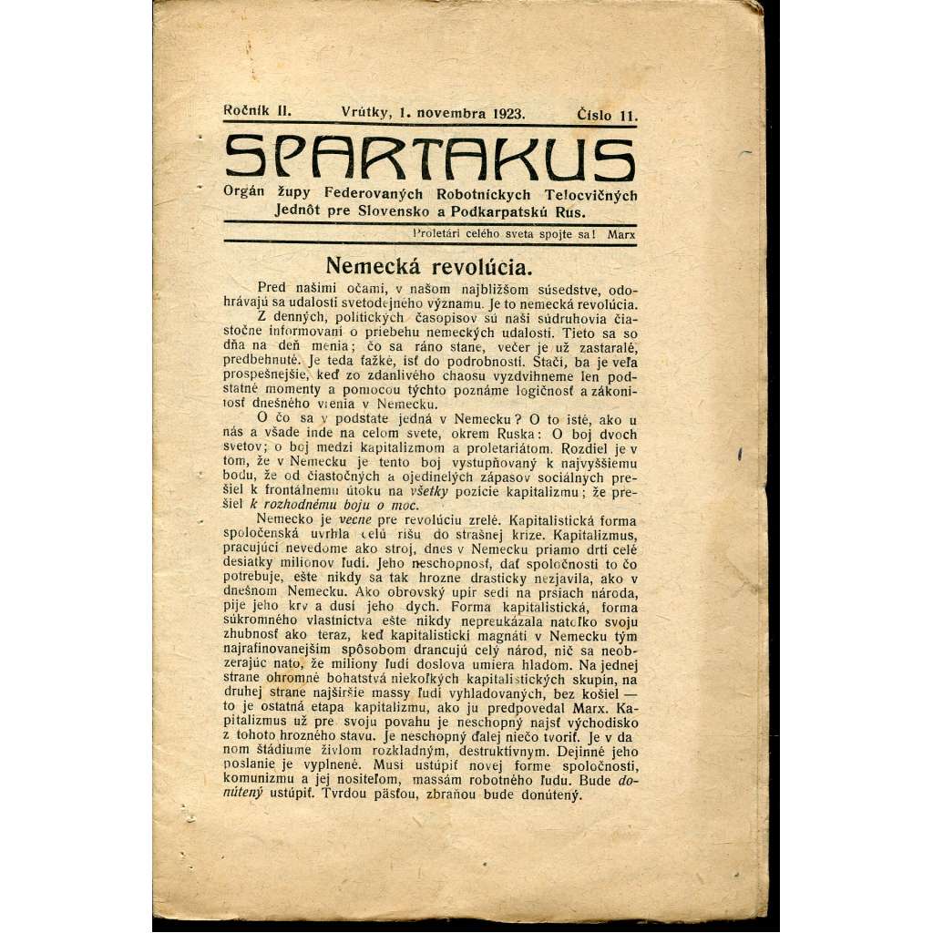 Spartakus, ročník II., číslo 11/1923. Orgán župy Federovaných robotnickych telocvičných jednot pre Slovensko a Podkarpatskú Rus(1. republika, noviny, časopis)