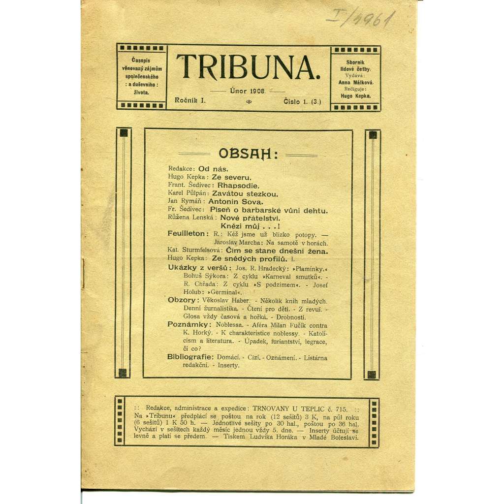 Tribuna, ročník I., číslo 1./1908 (staré noviny)