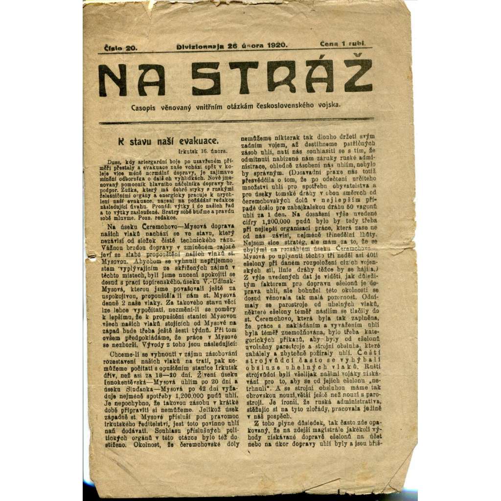 Na Stráž, číslo 20/1920. Divizionnaja. Časopis věnovaný vnitřním otázkám československého vojska (noviny, časopis, 1. republika)