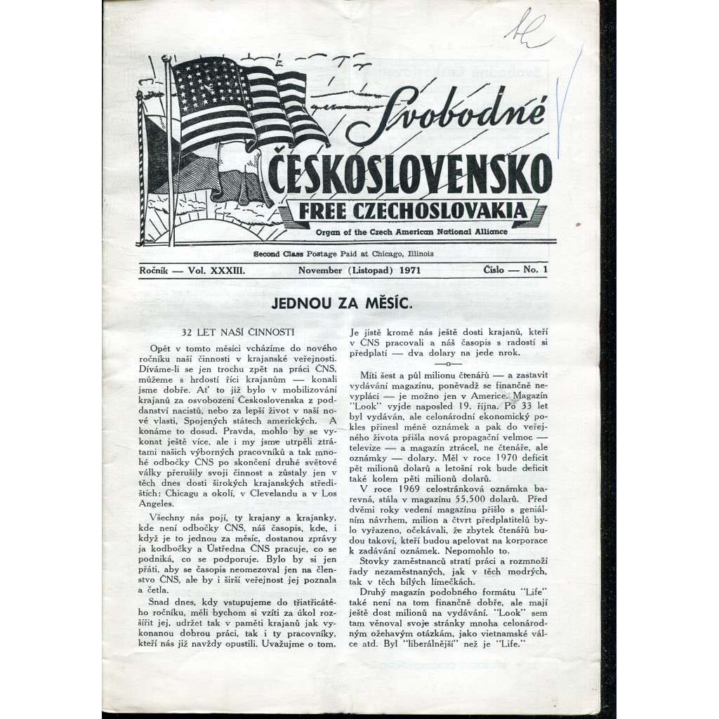 Svobodné Československo, ročník XXXIII., číslo 1/1971 / Free Czechoslovakia (exil, časopis, noviny)