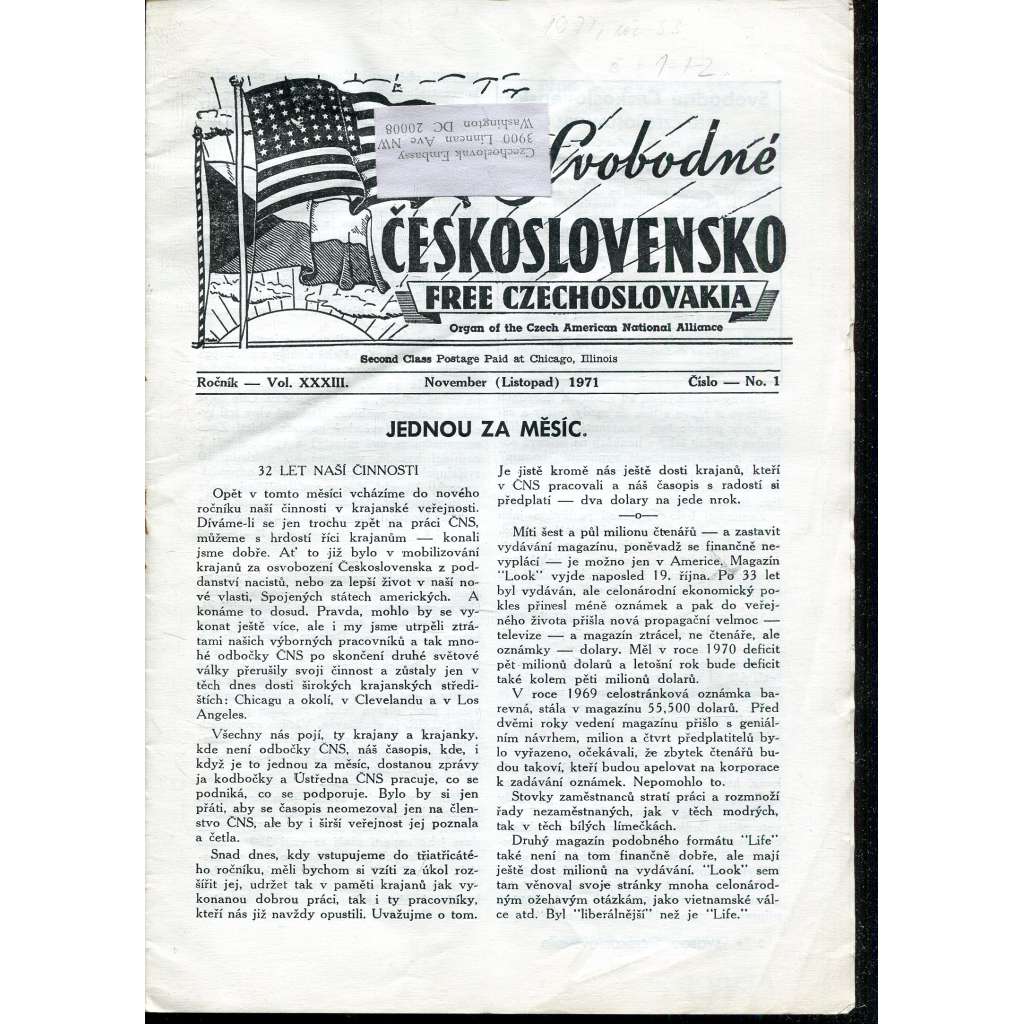 Svobodné Československo, ročník XXXIII., číslo 1/1971 / Free Czechoslovakia (exil, časopis, noviny)