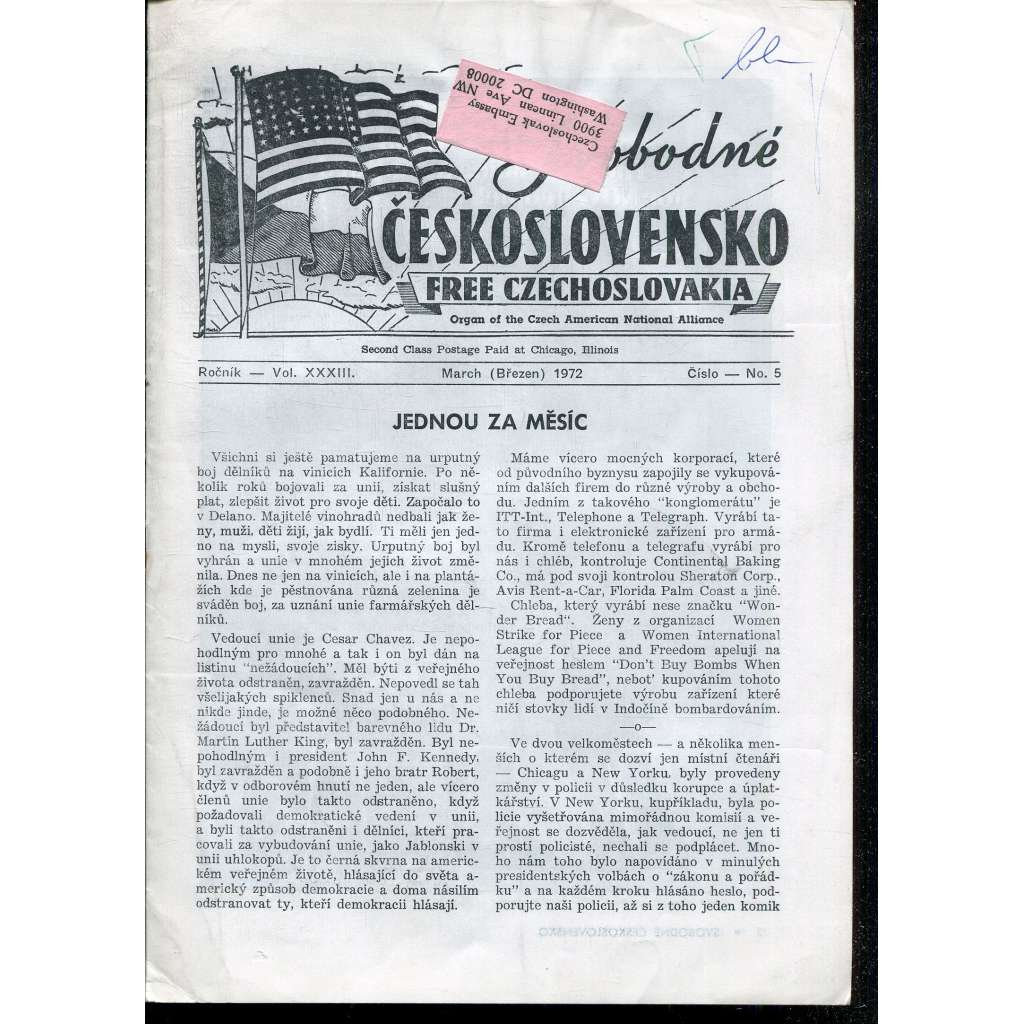 Svobodné Československo, ročník XXXIII., číslo 5/1972 / Free Czechoslovakia (exil, časopis, noviny)