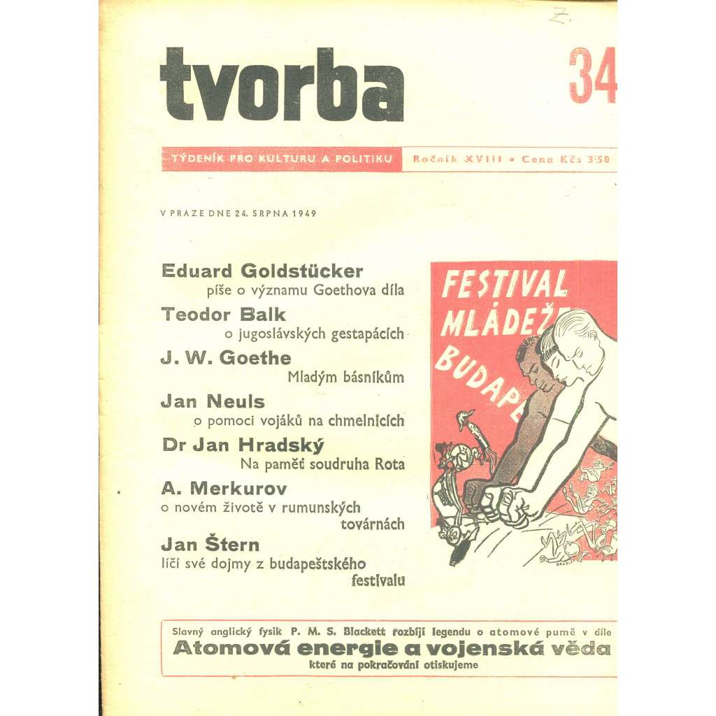 Tvorba – Týdeník pro kulturu a politiku, ročník XVIII., číslo 34/1949 (časopis, noviny)