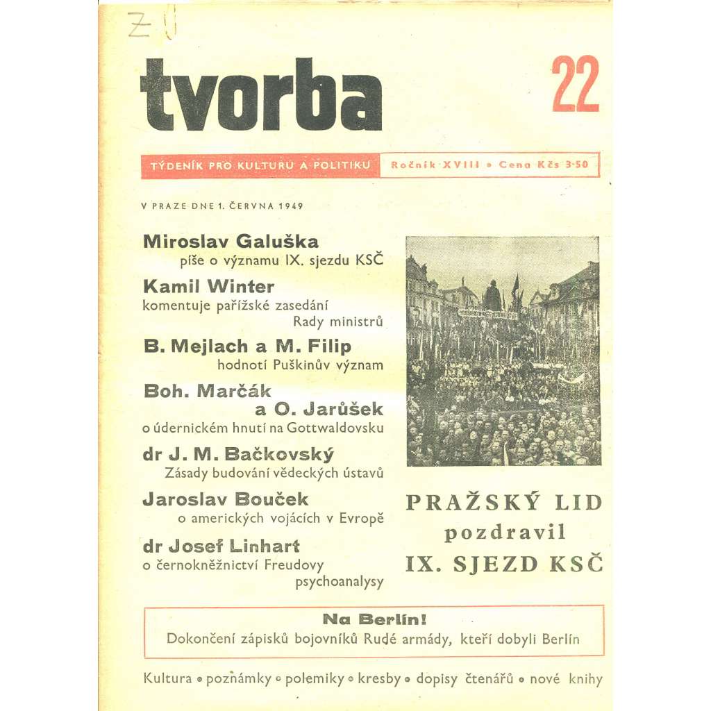 Tvorba – Týdeník pro kulturu a politiku, ročník XVIII., číslo 22/1949 (časopis, noviny)