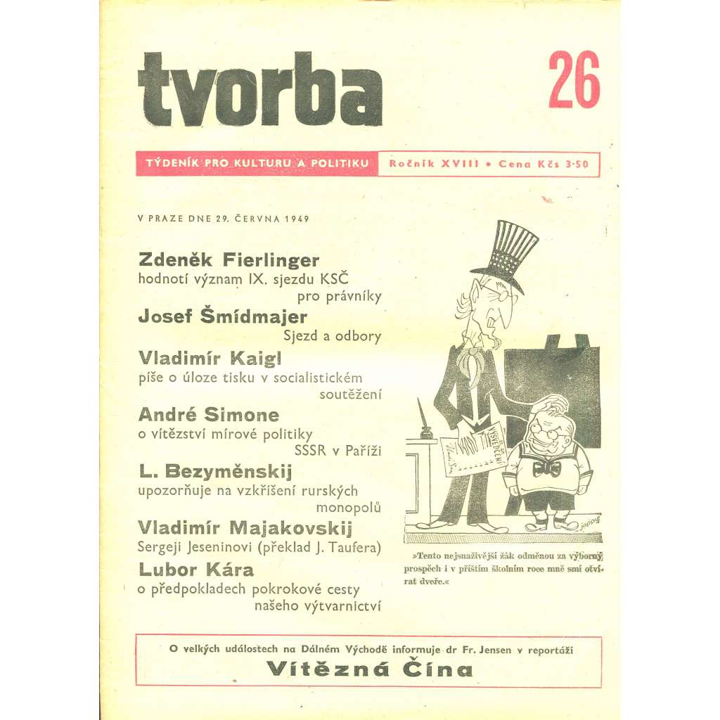 Tvorba – Týdeník pro kulturu a politiku, ročník XVIII., číslo 26/1949 (časopis, noviny)