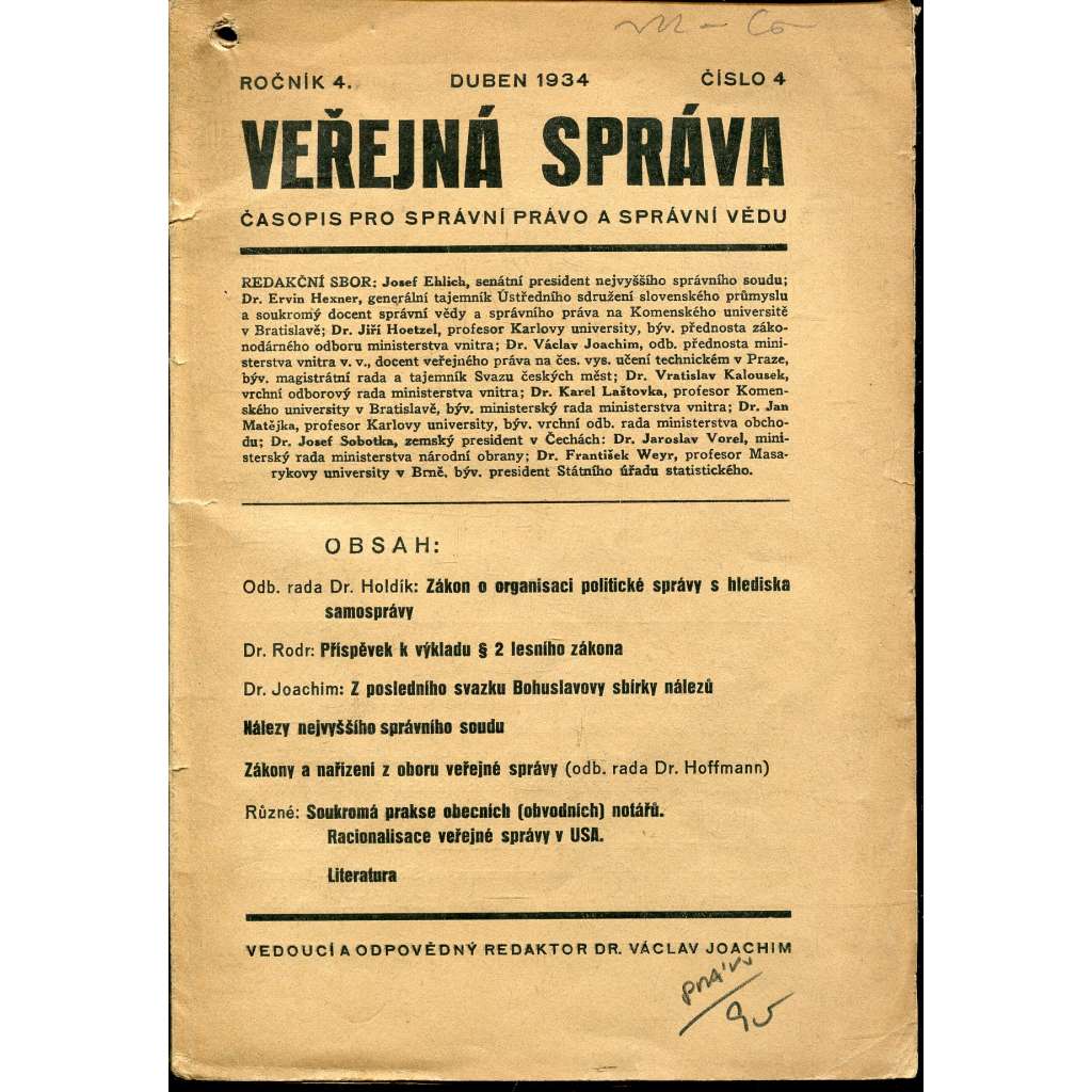 Veřejná správa, číslo 4., ročník 4/1934. Časopis pro správní právo a správní vědu (právo)