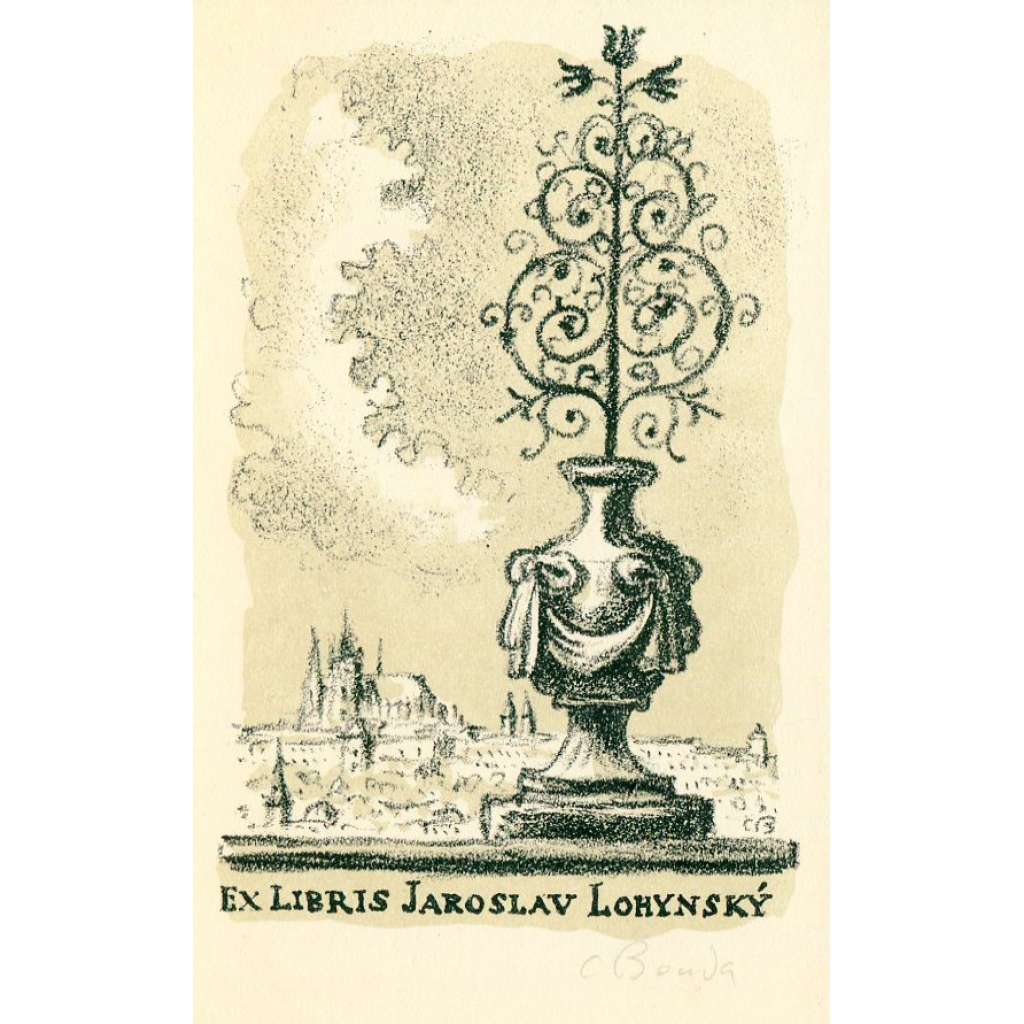 Exlibris Jaroslav Lohynský, litografie, podpis, Cyril Bouda (1901 - 1984)