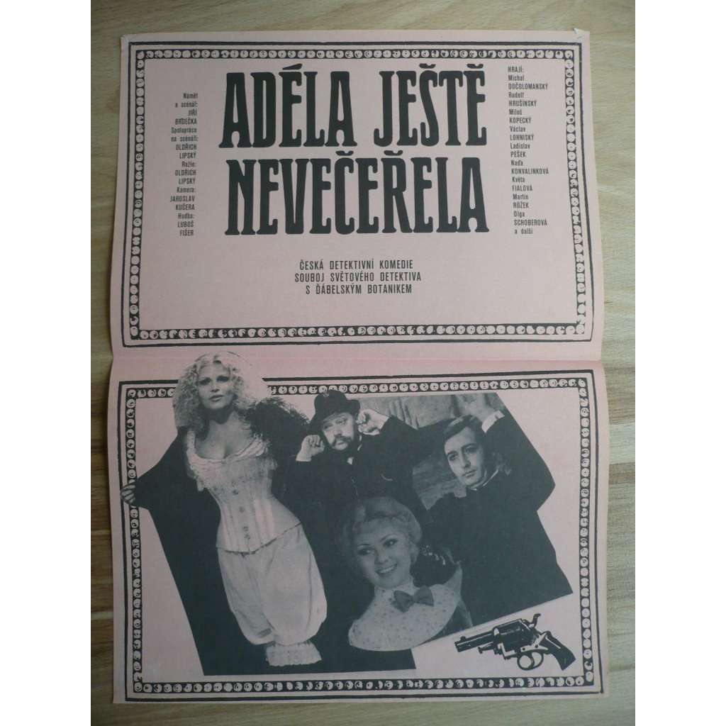 Adéla ještě nevečeřela (filmový plakát, film ČSSR 1977, režie Oldřich Lipský, Hrají: Michal Dočolomanský, Rudolf Hrušínský, Miloš Kopecký)