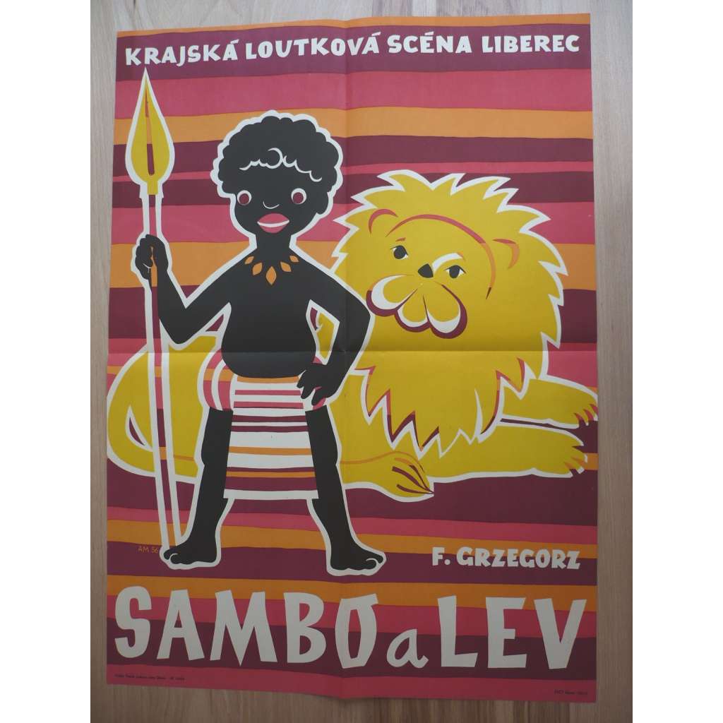 Sambo a lev (plakát, loutky, ČSSR, F. Grzegorz, Krajská loutková scéna v Liberci)