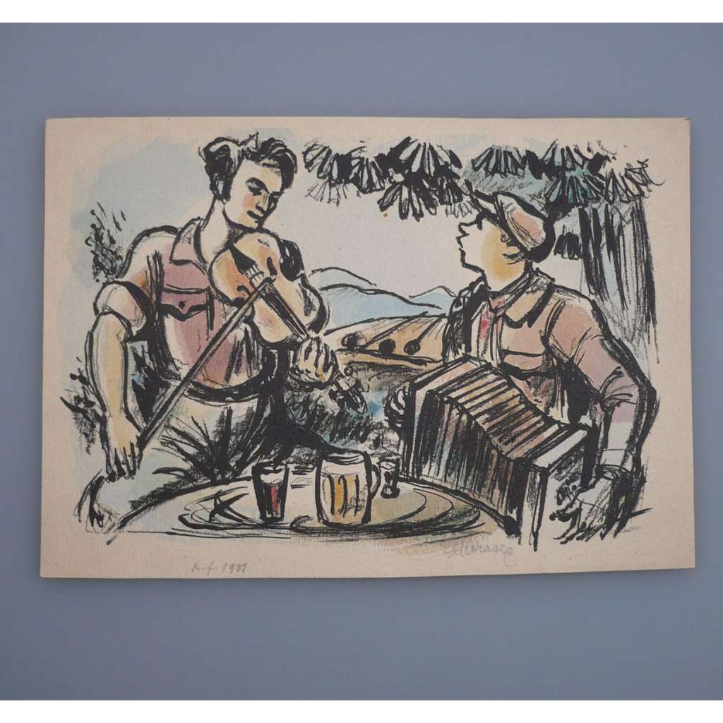 Alois Moravec (1899 - 1987) - PF 1951  Přátelé - Akvarel, signovaná grafika