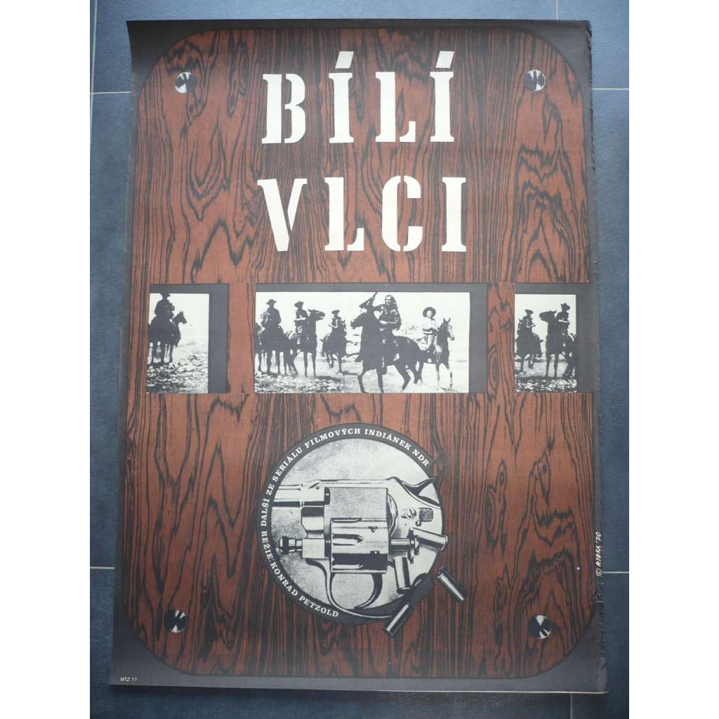 Bílí vlci (filmový plakát, film NDR 1969, režie Konrad Petzold, Hrají: Gojko Mitić, Barbara Brylska, Rolf Hoppe)