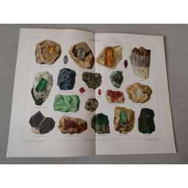 Drahokamy, drahokam, smaragd, diamant, rubín, opal, ametyst, turmalín - chromolitografie cca 1880, grafika, nesignováno