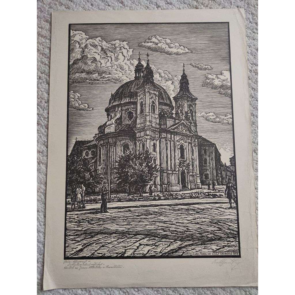 Karel Tondl (1893 - 1980) - Kostel v Kroměříži (Kroměříž) - dřevoryt 1946, grafika, signováno