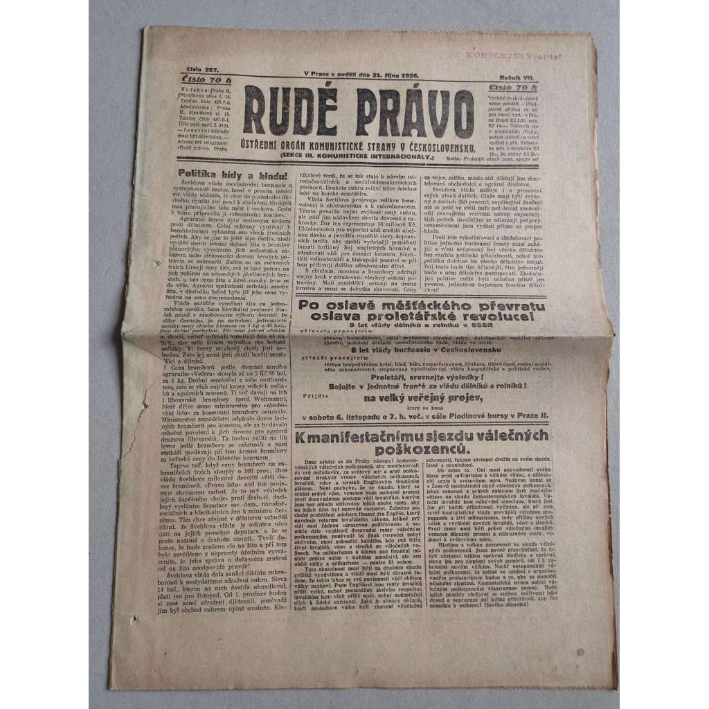 Rudé právo (31.10.1926) Ročník VII. - 1. republika, staré noviny