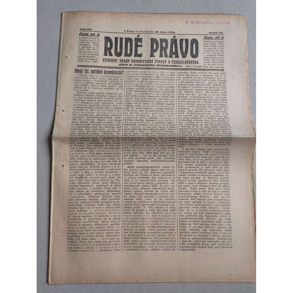 Rudé právo (26.8.1926) Ročník VII. - 1. republika, staré noviny