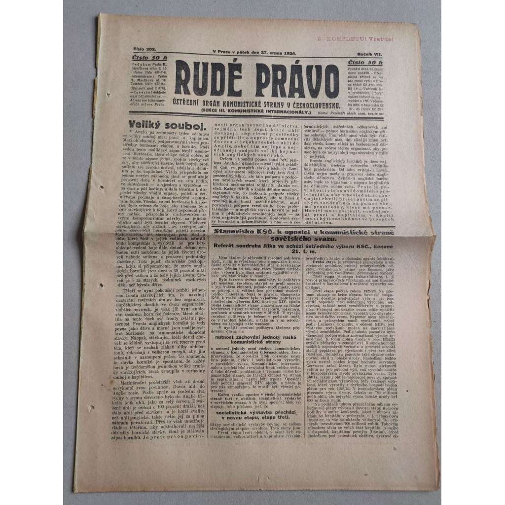 Rudé právo (27.8.1926) Ročník VII. - 1. republika, staré noviny