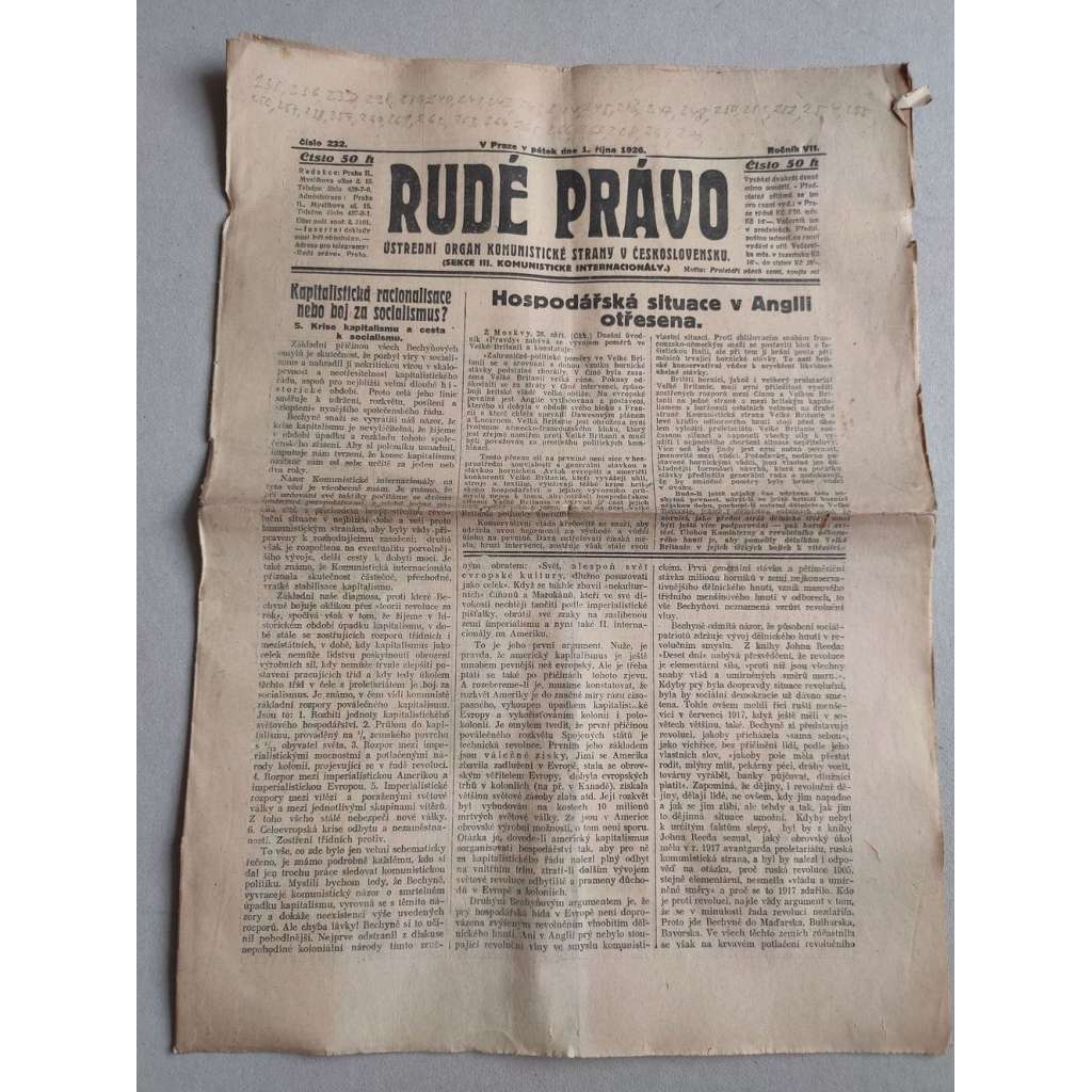 Rudé právo (1.10.1926) Ročník VII. - 1. republika, staré noviny