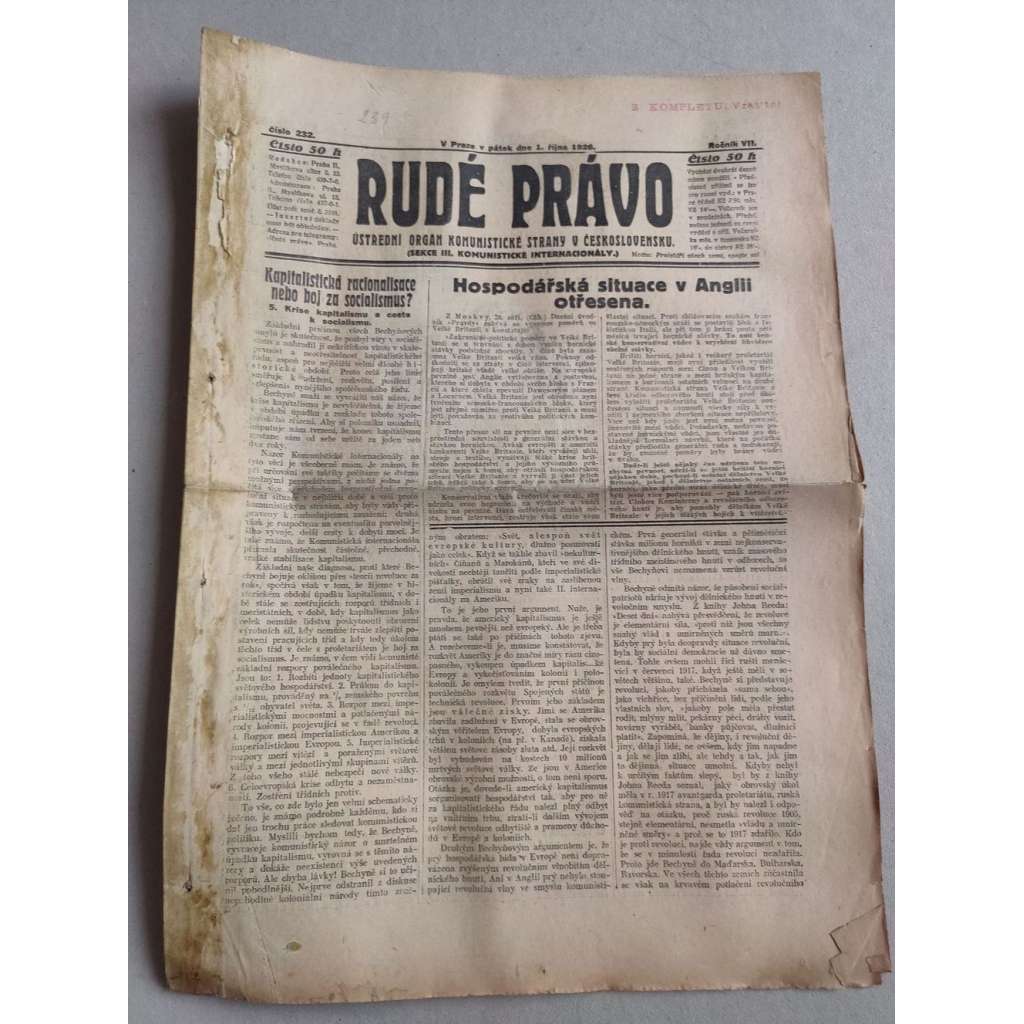 Rudé právo (1.10.1926) Ročník VII. - 1. republika, staré noviny