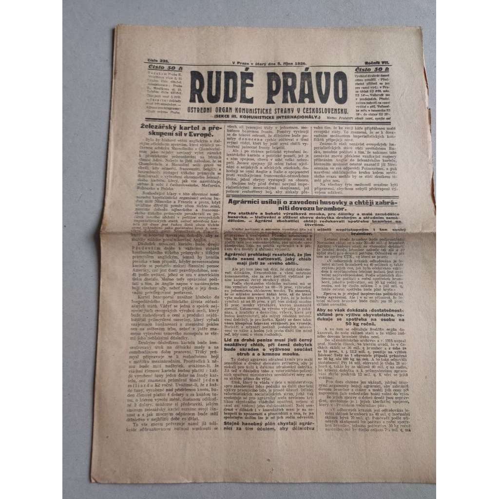 Rudé právo (5.10.1926) Ročník VII. - 1. republika, staré noviny