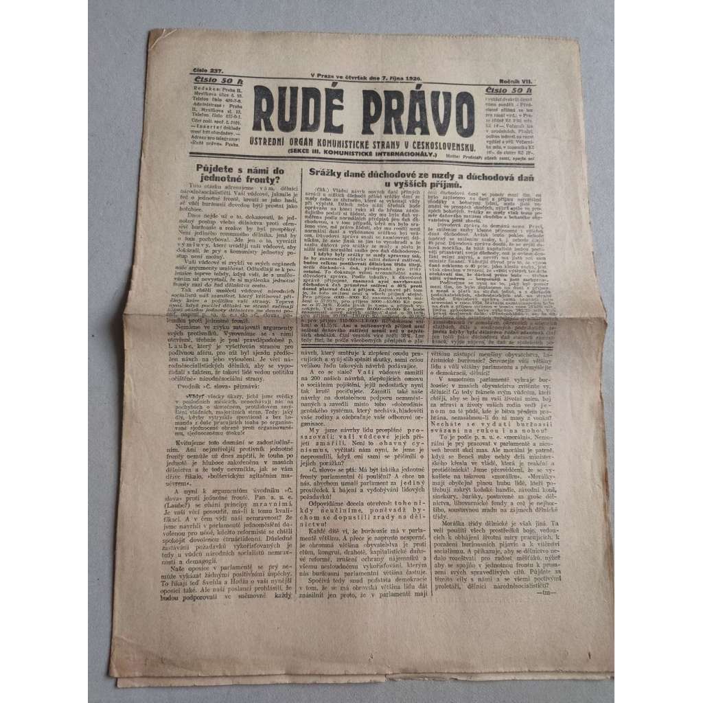 Rudé právo (7.10.1926) Ročník VII. - 1. republika, staré noviny