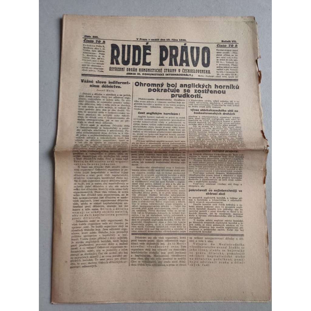 Rudé právo (10.10.1926) Ročník VII. - 1. republika, staré noviny