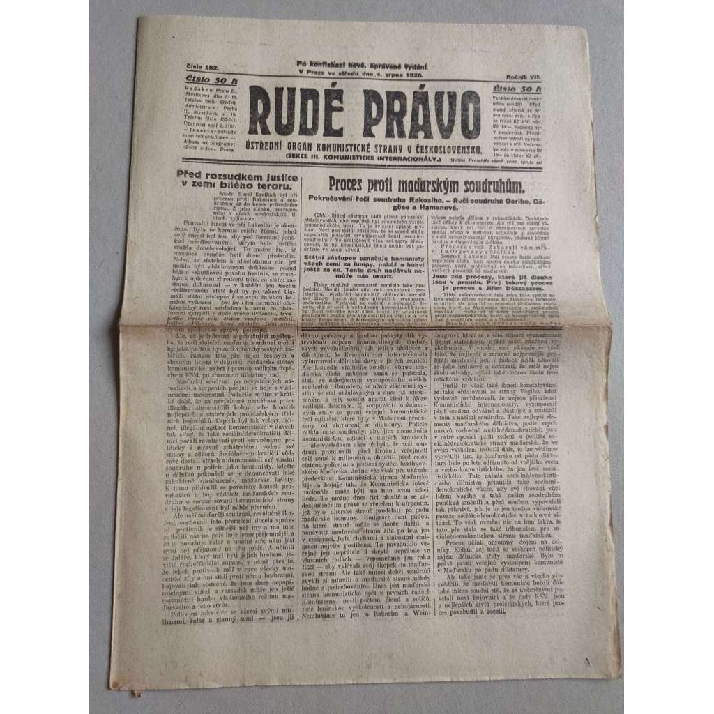 Rudé právo (4.8.1926) Ročník VII. - 1. republika, staré noviny