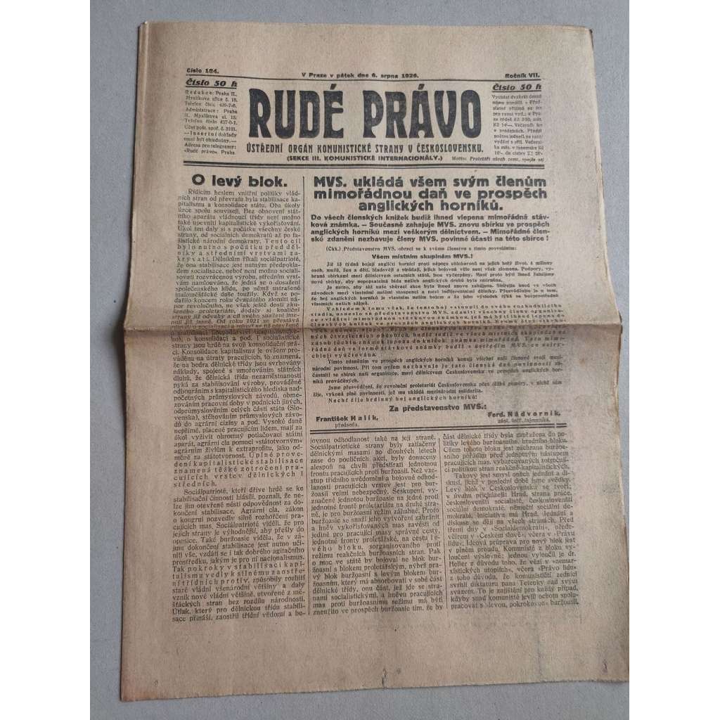 Rudé právo (6.8.1926) Ročník VII. - 1. republika, staré noviny