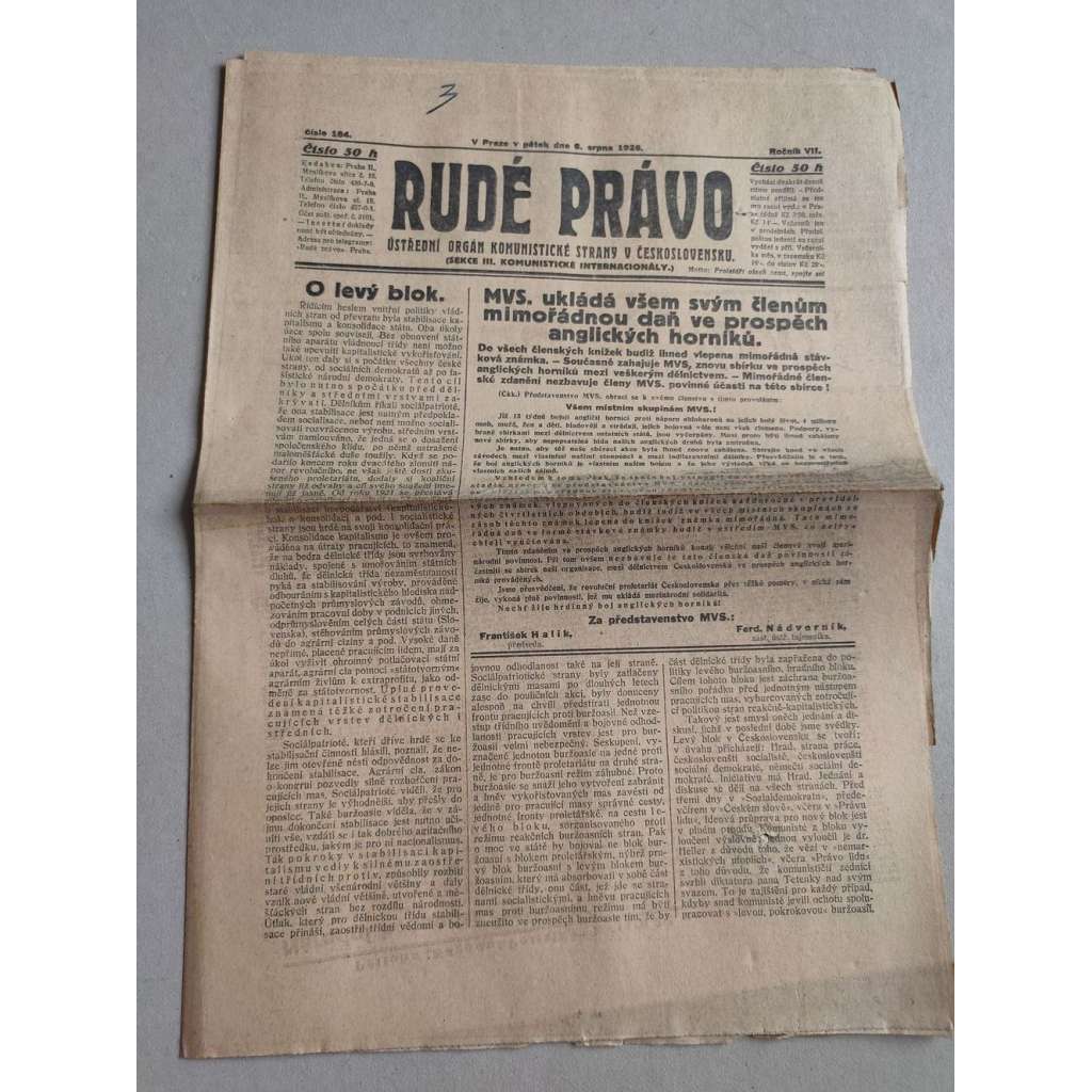 Rudé právo (6.8.1926) Ročník VII. - 1. republika, staré noviny