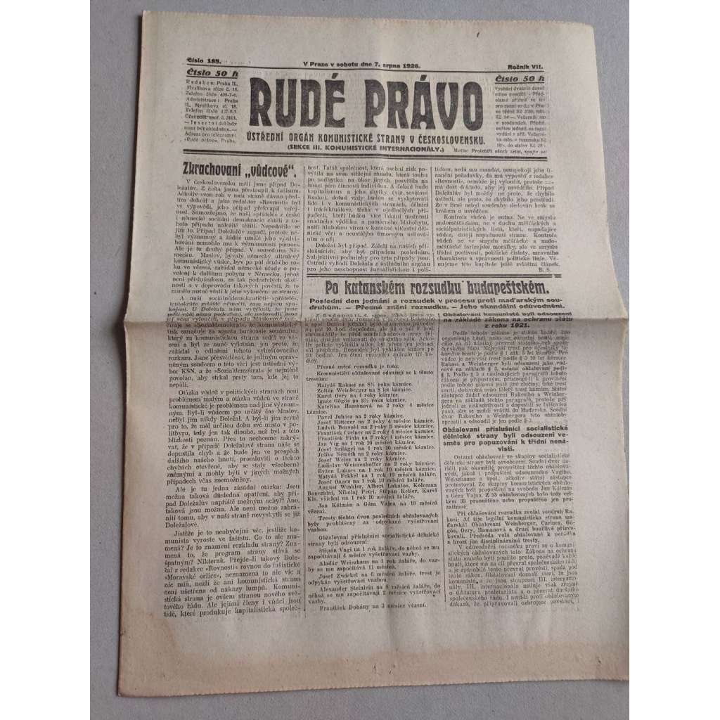 Rudé právo (7.8.1926) Ročník VII. - 1. republika, staré noviny