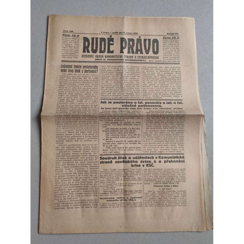 Rudé právo (8.8..1926) Ročník VII. - 1. republika, staré noviny