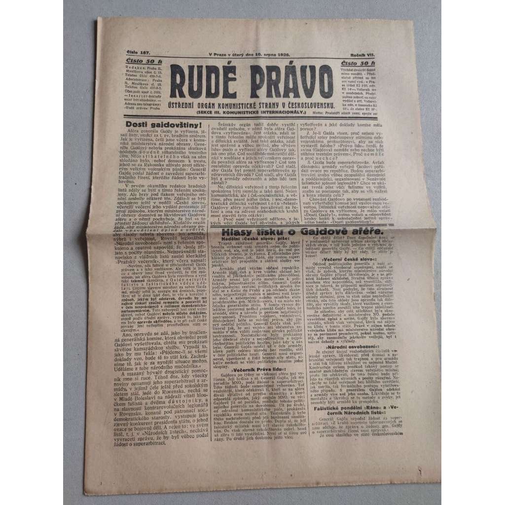 Rudé právo (10.8.1926) Ročník VII. - 1. republika, staré noviny