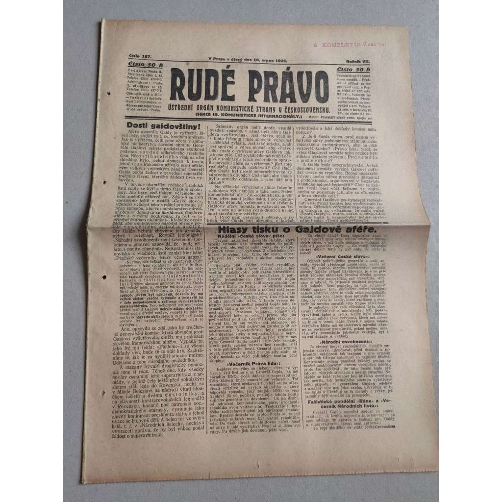 Rudé právo (10.8.1926) Ročník VII. - 1. republika, staré noviny