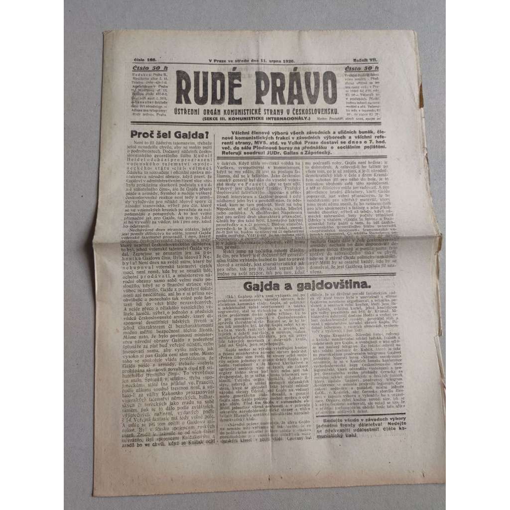 Rudé právo (11.8.1926) Ročník VII. - 1. republika, staré noviny