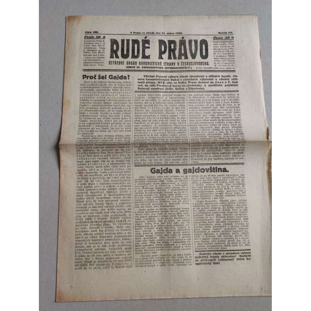 Rudé právo (11.8.1926) Ročník VII. - 1. republika, staré noviny