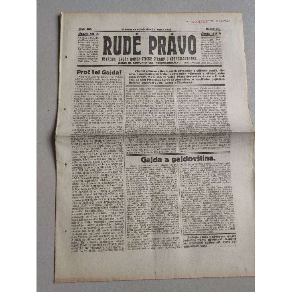 Rudé právo (11.8.1926) Ročník VII. - 1. republika, staré noviny