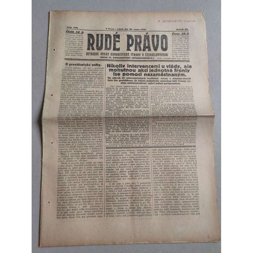 Rudé právo (20.8.1926) Ročník VII. - 1. republika, staré noviny